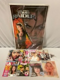 9 pc. lot of ANGELINA JOLIE collectible magazines & LARA CROFT TOMB RAIDER poster