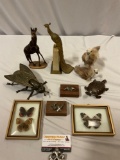 9 pc. lot of animal decor / collectibles; brass fly ashtray, butterflies, peacock, ostriches,