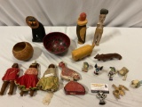 Mixed lot of vintage / antique wood carved figures, Tara Humana Dolls, ornate bowls, animal figures