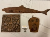 3 pc. lot of vintage wood carved art pieces; 1973 Poly Designs face, shark - Hawaii