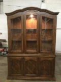 Nice quality lighted china hutch display cabinet, solid wood, approx. 58 wide x 83 in.