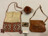 4 pc. vintage lot of purses / wallet; alligator bag - Panama, vintage stamped leather purse, wallet