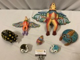7 pc. lot of handmade painted wood / ceramic animal figure sculpture art; piggy banks, flying frogs