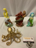 4 pc. lot of mermaid & golden octopus sculpture art decor; Christa riding Seahorse, painted ceramic