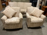Pair of beige and brown geometric design rocking swivel easy chairs by Flex Steel