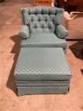 Vintage teal button tuck upholstered, Swivel, rocking chair with rolling ottoman