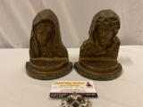 2 pc. lot of antique cast metal Jesus & Mary bookends, approx 5 x 6 x 3 in.