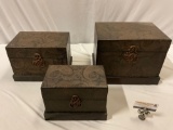 3 pc. lot of modern leather wrapped wooden nesting boxes, approx 14 x 10 x 10 in.