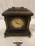 Modern wood case mantle clock w/ antique style, approx 12 x 7 x 12 in.