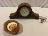 2 pc. lot of TOMMY BAHAMA woven wicker mantle clock & split coconut candle.