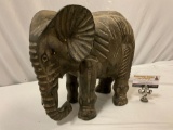 large wood carved elephant sculpture, made in Indonesia, approx 14 x 13 x 7 in.