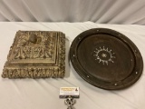 2 pc. lot of home decor; antique wood plate w/ mother of pearl inlay, ornate keepsake box w/ lid