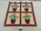 vintage handmade patchwork quilt flower pot design hanging wall art , shows some staining