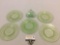 6 pc. lot of vintage green Vaseline glass plates & dish, approx 8 in. 1 with chip.