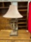 27 inch tall very decorative metal and wood table lamp with urn cage design