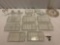 16 pc. lot of vintage crystal / glass tableware; tea trays, gold rimmed dessert carrier +