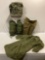 5 pc. lot of vintage US military medium size trench coat, bed rolls, waxed bag, back pack