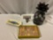 3 pc. lot of TOMMY BAHAMA ceramic ashtray, bamboo dominoes set & pineapple tea candle lanter, approx