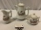 3 pc. lot of vintage gold rimmed porcelain butterfly design tea pot, creamer, sugar bowl