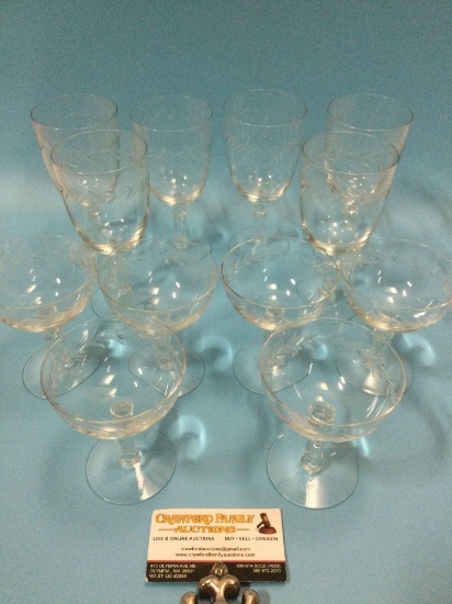 12 pc. Lot of mid century Crystal stem drinking glasses in 2 styles.