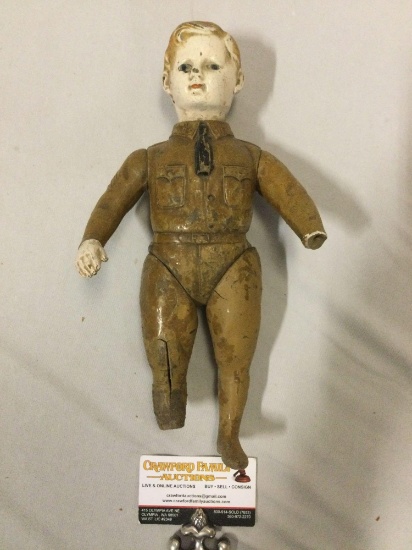 Antique World War I US military soldier doll, shows heavy wear, approx 12 x 7 in. Sold as is.