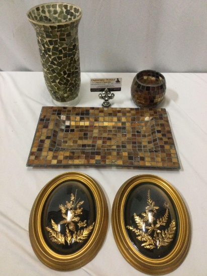 5 pc. lot of vintage decor; framed Hawaiian Saburo INC. golden flowers, glass tray, vase, candle