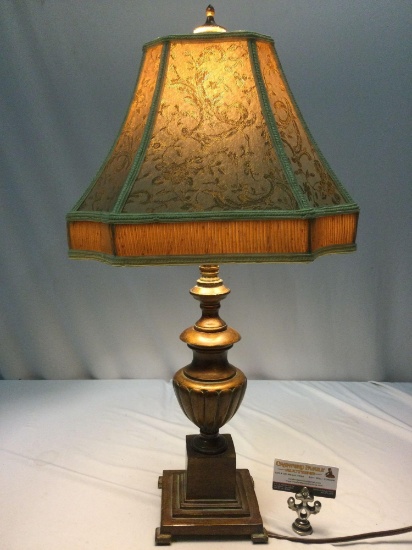 Modern vintage style lamp w/ shade, tested/working, approx 13 x 28 in.