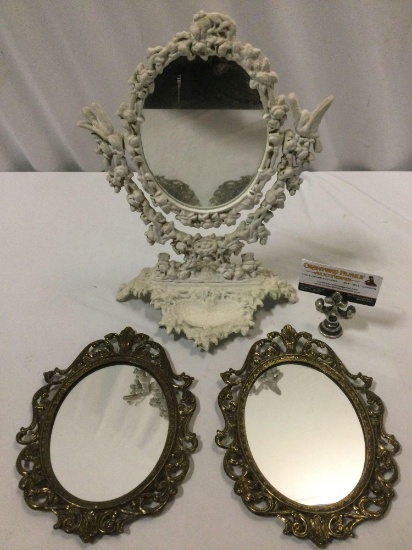 3 pc. Lot of vintage / antique vanity mirrors w/ metal frame, approx 10 x 14 x 6 in.