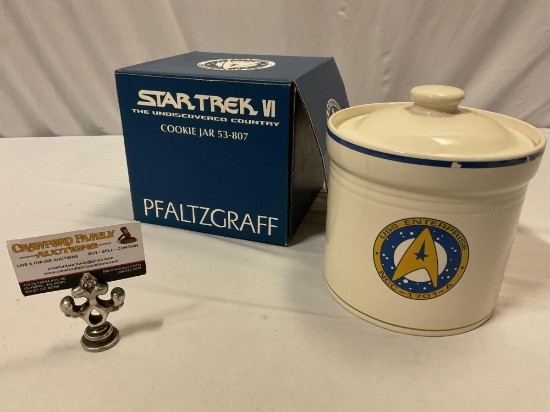1993 Star Trek VI PFALTZGRAFF ceramic cookie jar w/ lid & box, rim has glaze chips, sold as is.