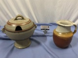 2 pc. lot of stoneware handmade ceramic tableware; pitcher signed by artist E, soup tureen w/ lid