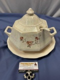 Vintage porcelain opalescent glaze soup tureen with ladle, lid and serving plate w/ floral design