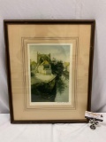 Antique framed art print The Main Canal hand signed After Van Santen, approx 17 x 21 in.