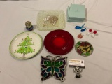 Lot of vintage decor, tea candles, glass whale figurines, butterfly trivet, Mancer plate - Italy &