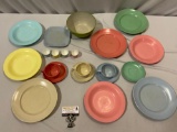 21 pc. lot of vintage pastel plastic picnic tableware, plates, cup & saucers, made in Germany. Shows