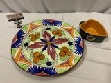 2 pc. lot of hand painted art plate & heart shaped stoneware baking dish w/ handle