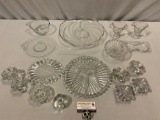 17 pc. lot vintage decorative glass tableware; snack plate, bowl / plate, candle holders, Waverly