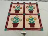 vintage handmade patchwork quilt flower pot design hanging wall art , shows some staining