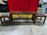 Three piece Asian inspired wooden veneer sofa table and two end tables see pics