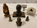 6 pc. lot of vintage Asian figural decor; brass figures, Buddha figure, ceramic bottle w/ female