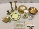 Lot of vintage decor, Franciscan plate, vase - Japan, musical birthday cake stand & more.
