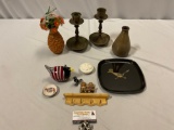 Nice mixed lot of vintage decor, glass bird, Acoma NM plate, Couroc roadrunner plate, vase, antique