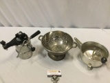 3 pc. Lot of vintage chrome kitchen items; colander, strainer, steamer. Sold as is.