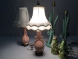 6 pc. lot of vintage project lamps, 1 is working w/ nice shade & black cat topper, sold as is