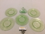 6 pc. lot of vintage green Vaseline glass plates & dish, approx 8 in. 1 with chip.