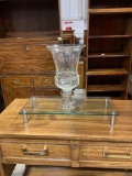 Large antiqued Glass vase on a thick glass pedestal Style stand W/aluminum legs