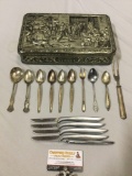 Vintage tin TENIERS box made in Belgium w/ lot of antique silverplate flatware, Gerber knives.