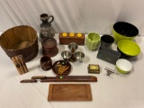 Large mixed lot of vintage decor; wood half barrel, ceramic pitcher, candle holder, dip set, plastic