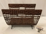 Vintage woven media wrack w/ metal frame, approx 17 x 13 x 8 in.