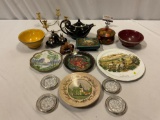 Nice lot of vintage decor; art plates, coasters, silver rimmed ceramic bowls, Hall tea pot & more.