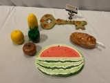 7 pc. lot of fruit / vegetable kitchen decor; timers, baked potato ceramic container & more.